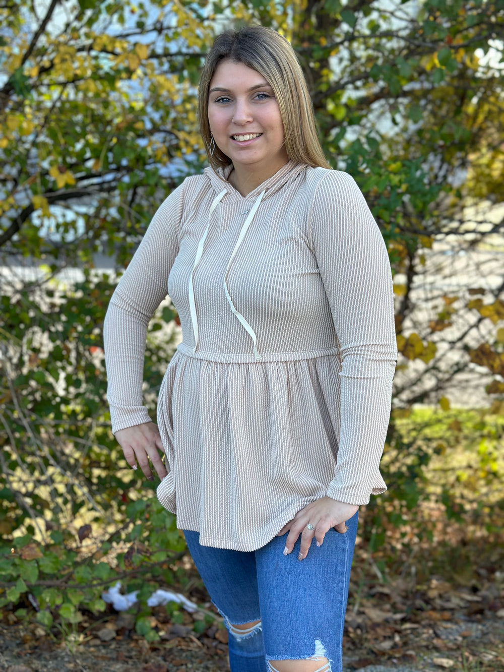 Cream Ribbed Hoodie Top