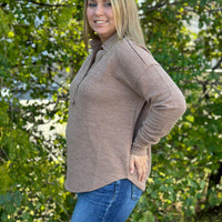 Knit V-Neck Collared Top - Sand