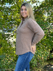 Knit V-Neck Collared Top - Sand