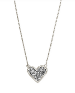 Ari Heart Short Rhodium Pendant Necklace in Platinum Drusy