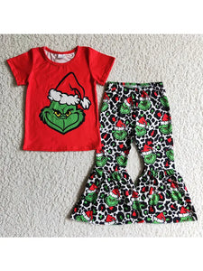 Red Short Sleeve Grinchy Face Leo Pants Set