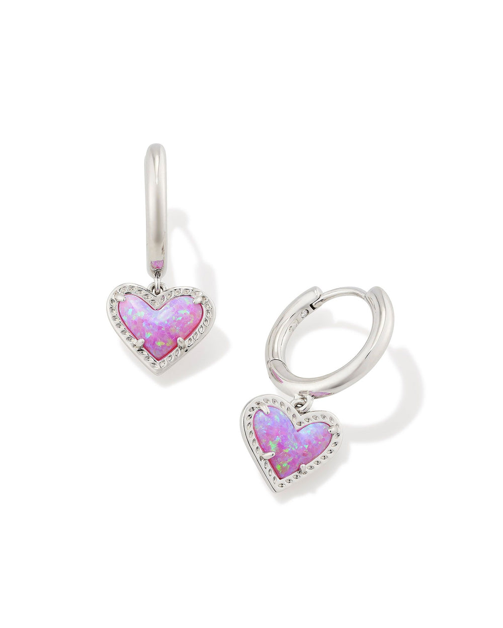 Ari Heart Huggie Rhodium Earrings in Bubblegum Pink Kyocera Opal