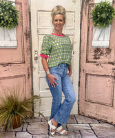 Green Contrast Print Top with Ruffle Puff Sleeves
