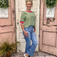 Green Contrast Print Top with Ruffle Puff Sleeves