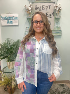 Blue Color Block Button Down Top