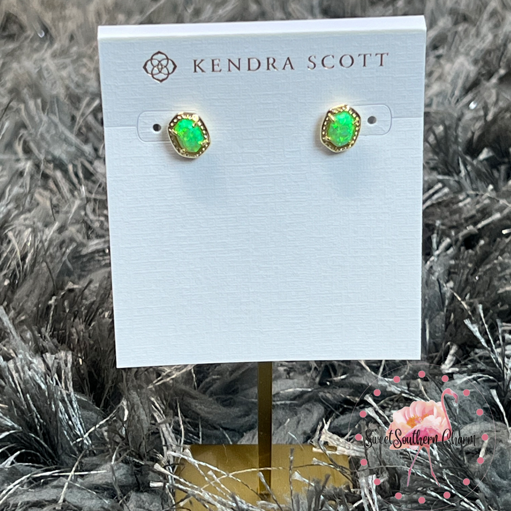 Daphne Framed Stud Earring Gold in Bright Green Opal