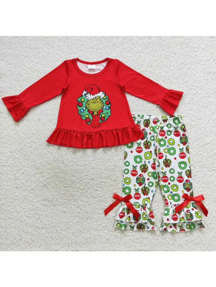 Girls Grinchy Wreath Outfit Set