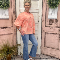 Coral Textured Top With Floral Detail