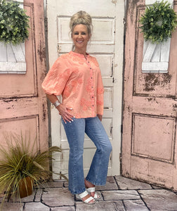 Coral Textured Top With Floral Detail