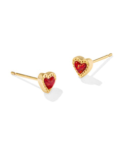 Mini Ari Heart Gold Stud Earrings in Red Kyocera Opal