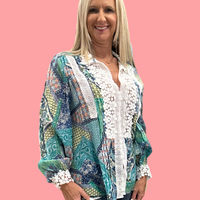 Aqua Paisley Printed Long Sleeve Top