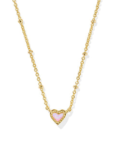 Mini Ari Heart Gold Satellite Short Pendant Necklace in Bubblegum Pink Kyocera Opal