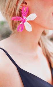Bold Blooms Beaded Earrings - Neon Pink