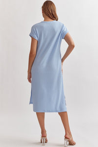 Light Blue Ribbed Short Sleeve Maxi Dress