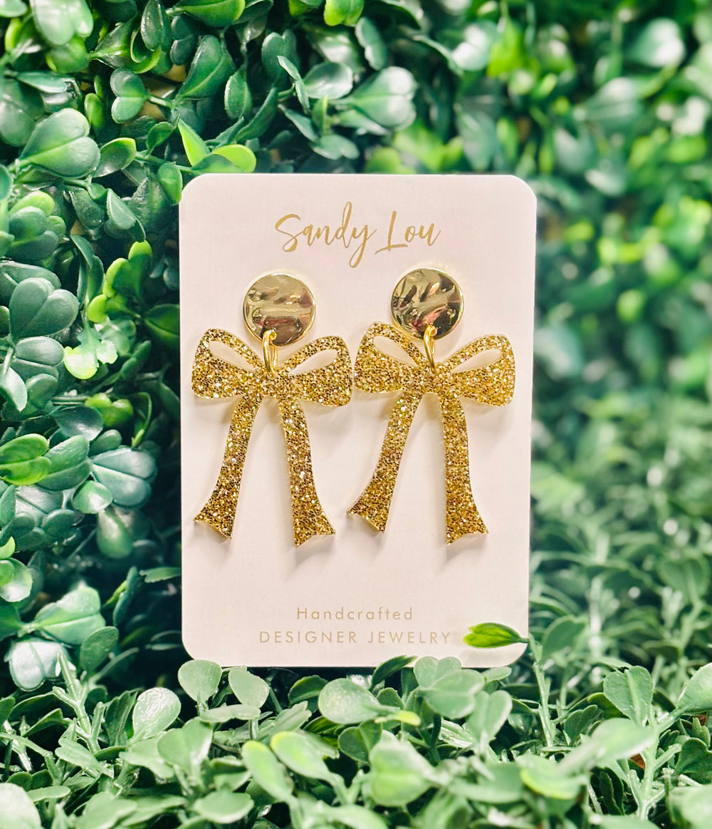 Gold Glamour Glitter Bow Dangle Gold Coin