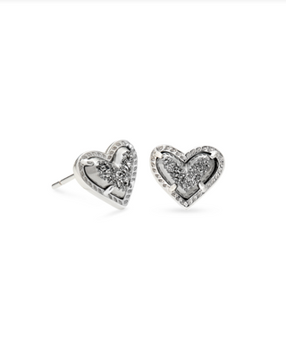 Ari Heart Rhodium Stud Earrings in Platinum Drusy