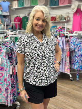 V-Neck Short Sleeve Collar Top - DGBW