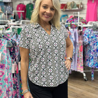V-Neck Short Sleeve Collar Top - DGBW
