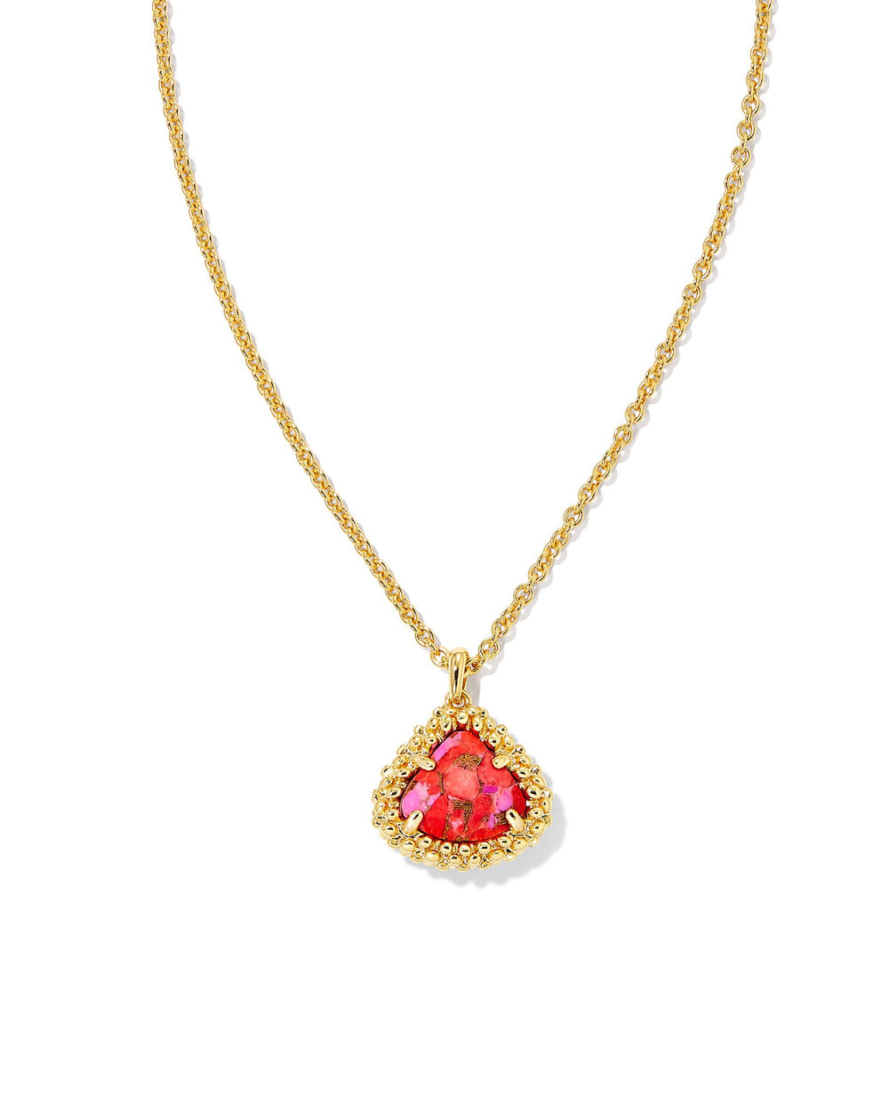 Framed Kendall Short Gold Pendant Necklace in Gold Bronze Vined Red Fuchsia