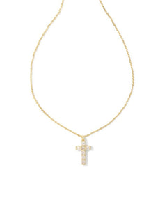 Gracie Cross Pendant Necklace Gold in White Crystal