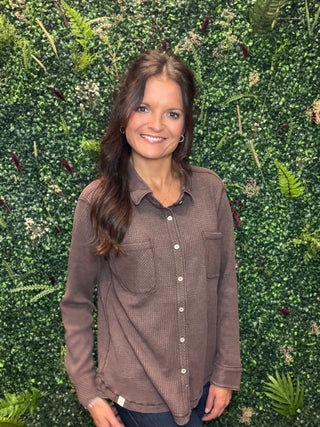 Waffle Button Down Top - Cocoa