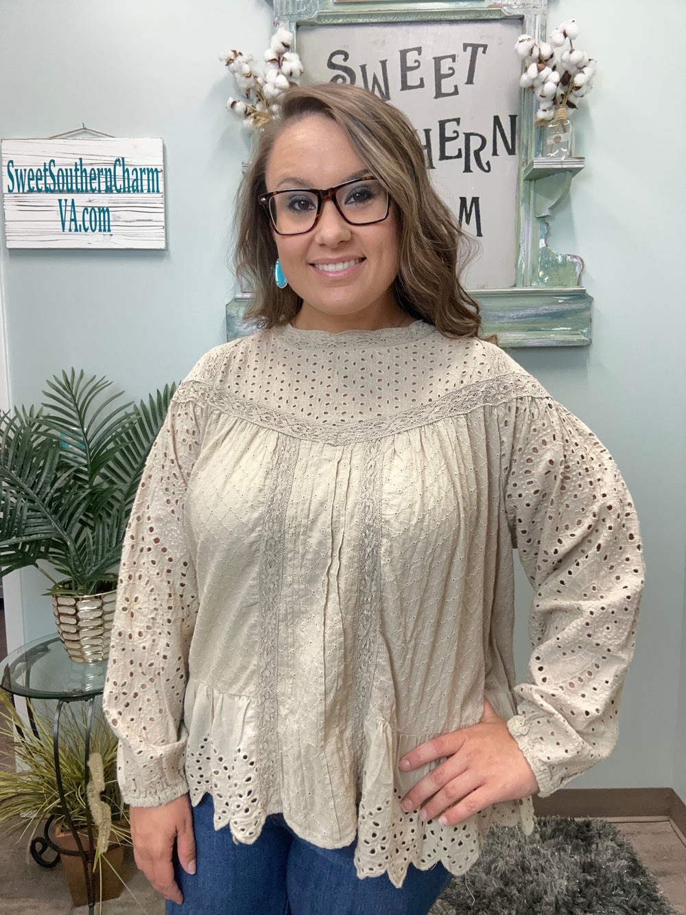 Taupe Eyelet Blouse