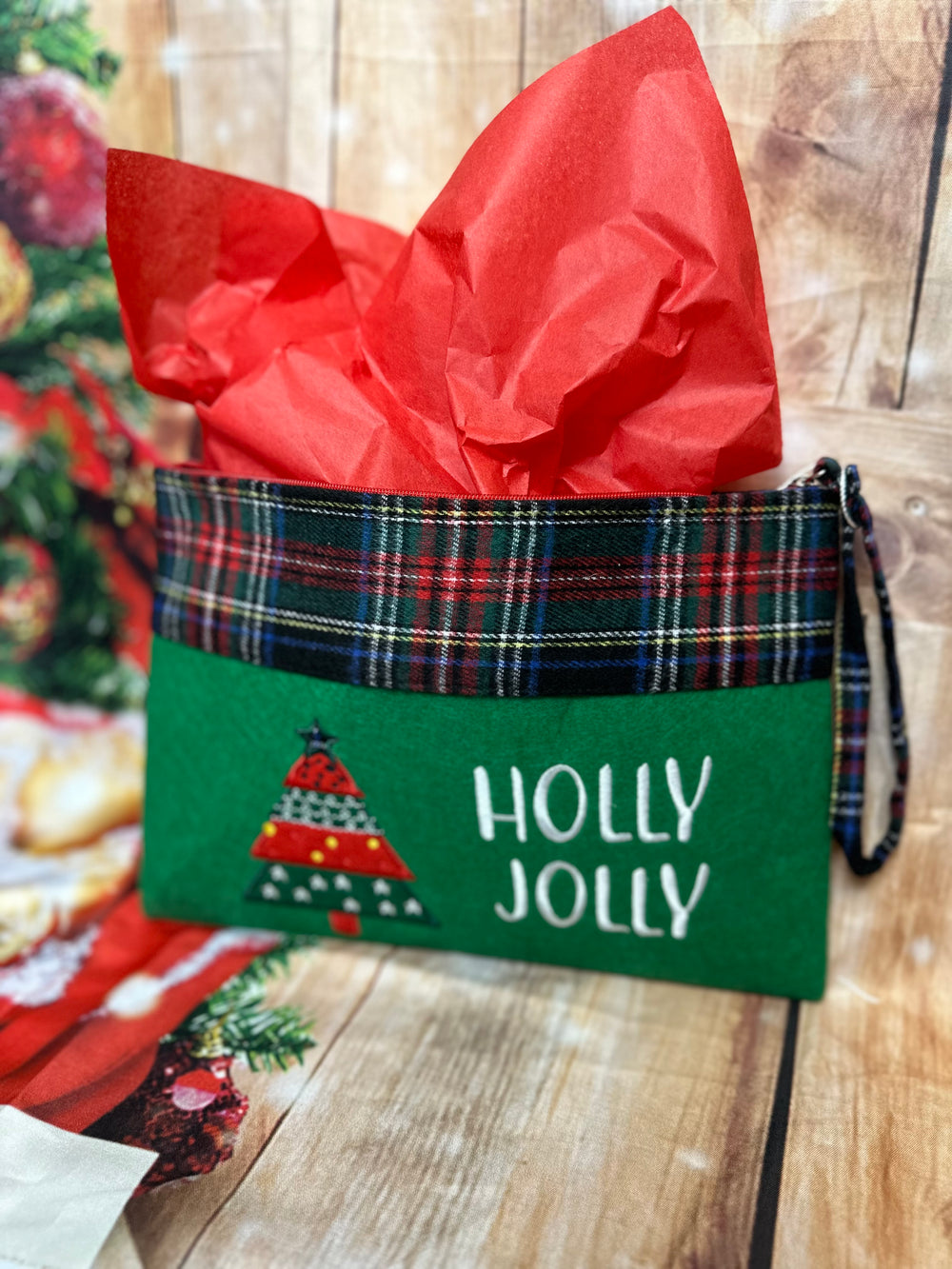 Holly Jolly Embroidered Wristlet