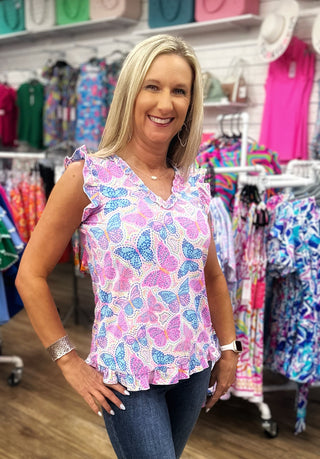 Beachtime - Sleeveless V-Neck Ruffled Tank - BTDT