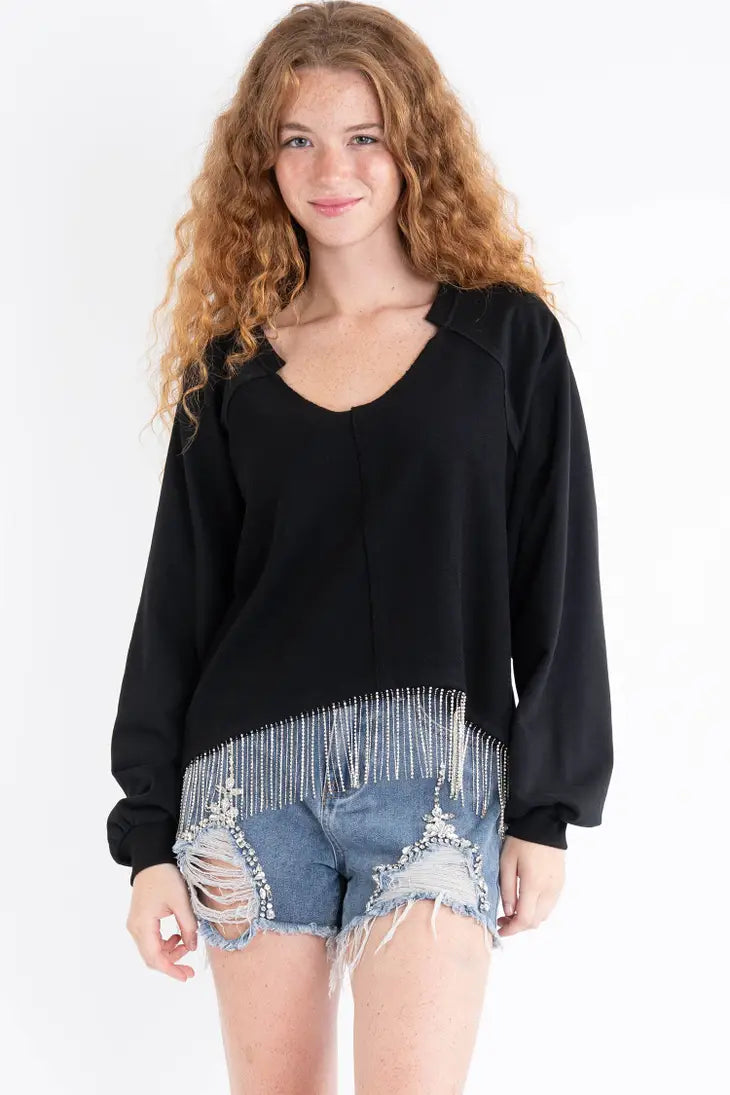 Black Rhinestone Fringe Sweatshirt