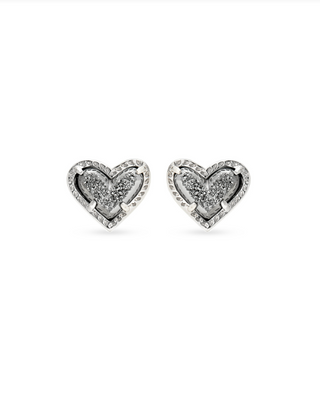 Ari Heart Rhodium Stud Earrings in Platinum Drusy