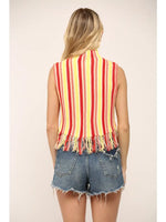 Stripe Mock Neck Fringe Sweater Tank Top
