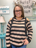 Taupe & Black Striped Open Shoulder Top
