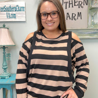 Taupe & Black Striped Open Shoulder Top