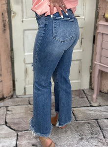 High-Rise Crop Flare Ankle Fray Hem Jean