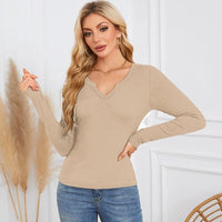Ribbed V-Neck Slim Fit Long Sleeve Tee - Apricot