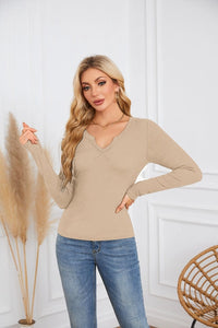 Ribbed V-Neck Slim Fit Long Sleeve Tee - Apricot