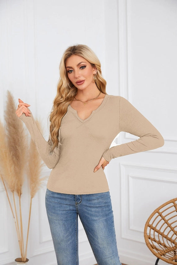 Ribbed V-Neck Slim Fit Long Sleeve Tee - Apricot