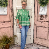 Green Peplum Border Print Button Top