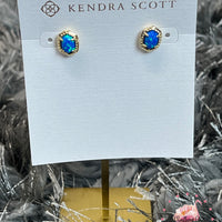 Daphne Framed Stud Earring Gold in Bright Blue Opal