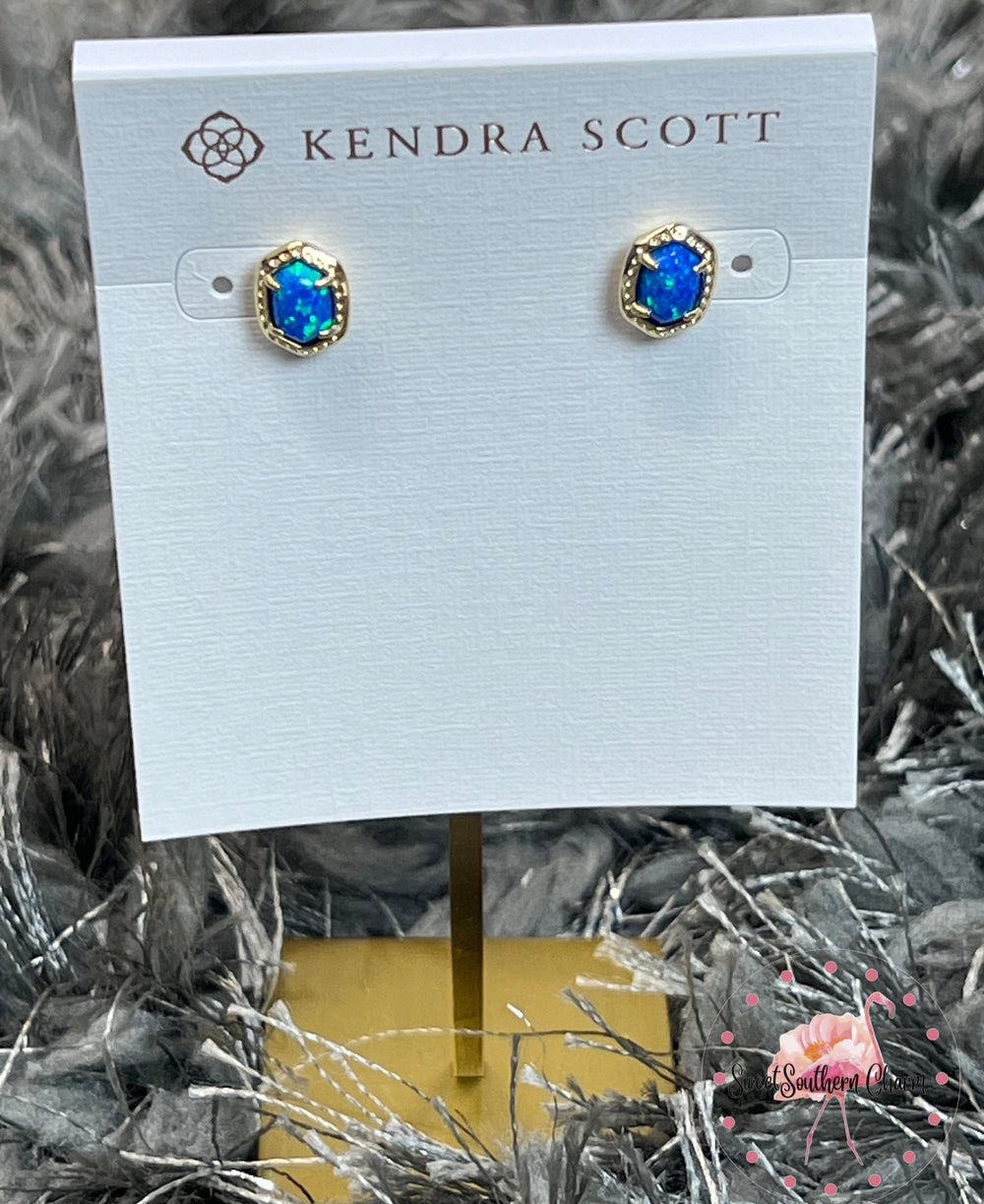 9608864297 Daphne Framed Stud Earring Gold in Bright Blue Opal