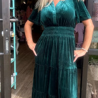 Velvet Short Sleeve Tiered Maxi Dress – Evergreen