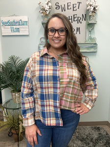 Color Block Cropped Plaid Shirt