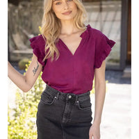 Wine Smocked Ruffle Sleeve Suede Top