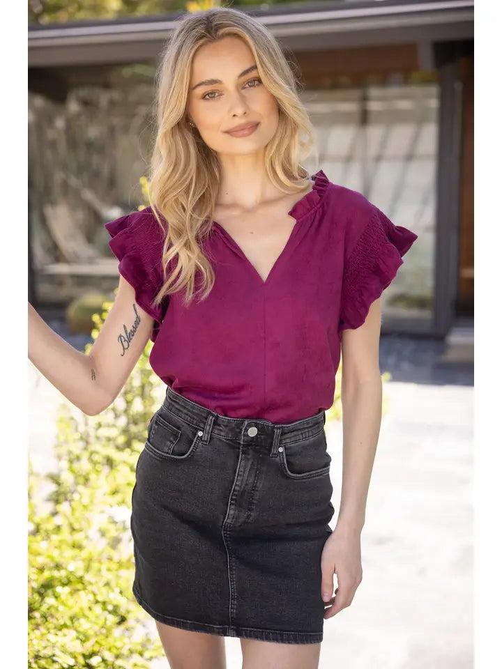 Wine Smocked Ruffle Sleeve Suede Top