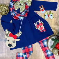 Navy & Red Plaid 3 Piece Reindeer Tunic & Plaid Leggings