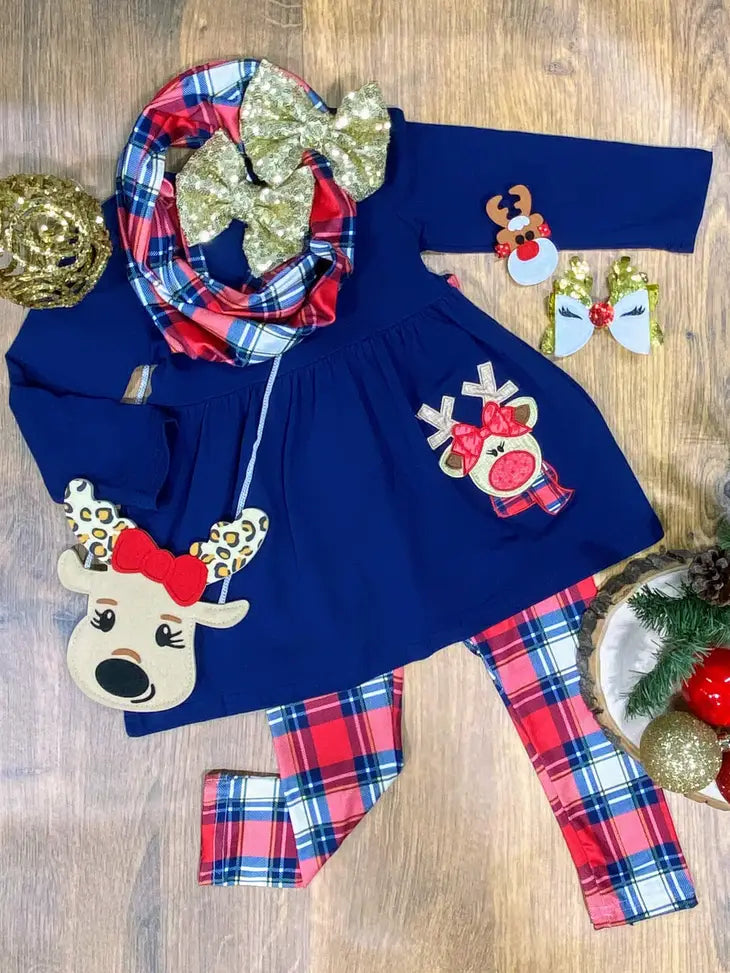 Navy & Red Plaid 3 Piece Reindeer Tunic & Plaid Leggings