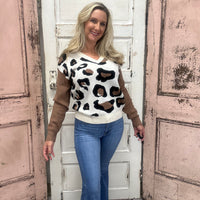 Leopard Color Block V-Neck Sweater