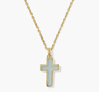 Cross Gold Pendant Necklace in Matte Light Blue Dichroic Glass