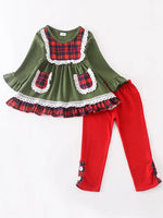 Green Ruffle Dress & Red Pant 2pc Set
