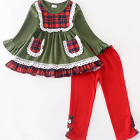 Green Ruffle Dress & Red Pant 2pc Set